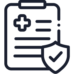 Icon of a medical record on a clipboard with a cross, protected by a shield with a checkmark.